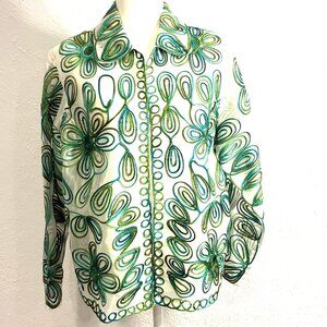 Laura Ashley Embroidered Sheer Jacket, Green/Aqua on White, Size Large